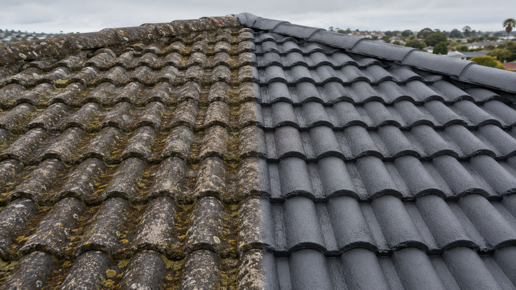 Auckland roof before restoration, covered in moss and staining